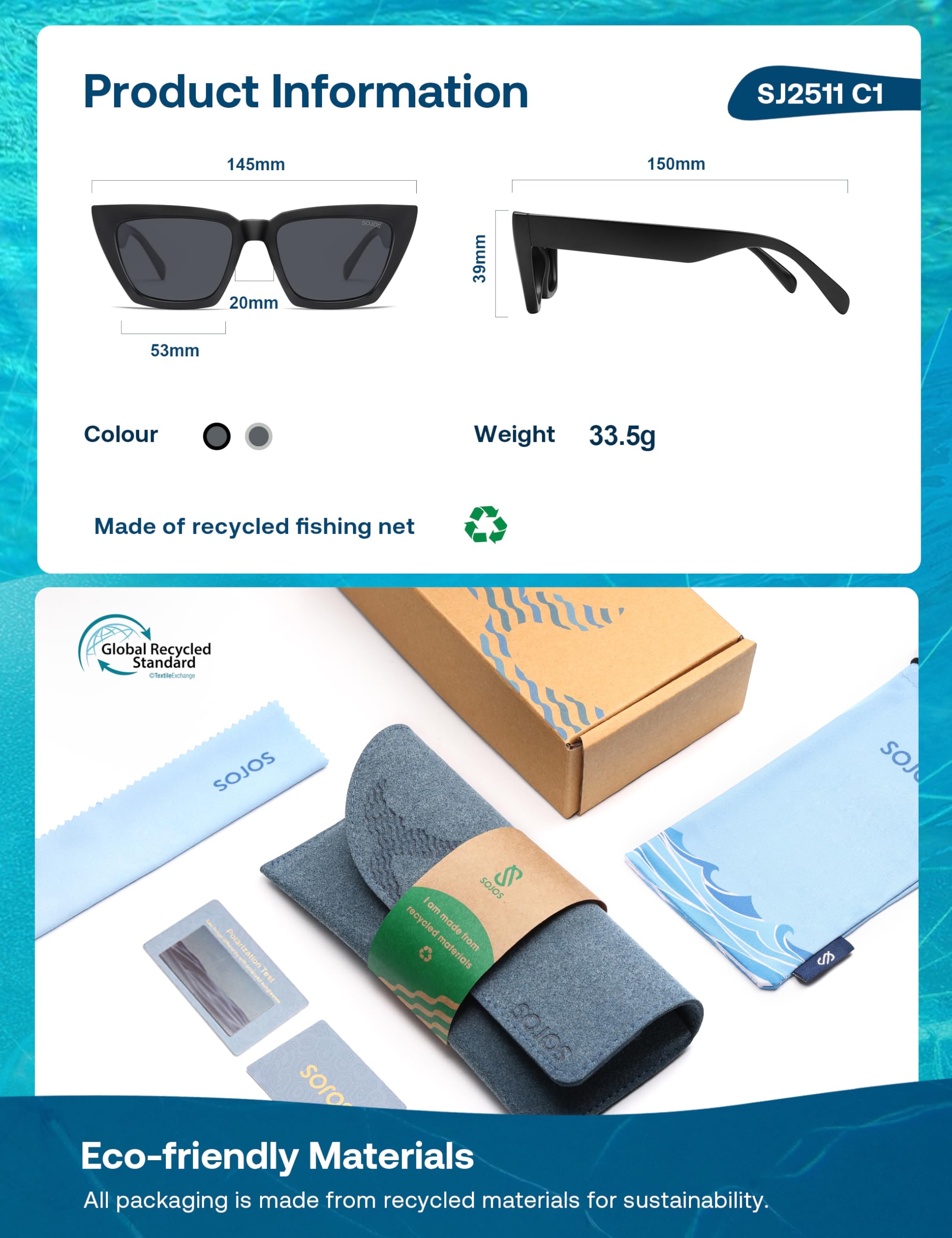 SOJOS Cat-Eye Sunglasses Recycled Fishing Net Frame Eco-Friendly UV400 Polarized Lenses,Atlantic Ocean - Image 6