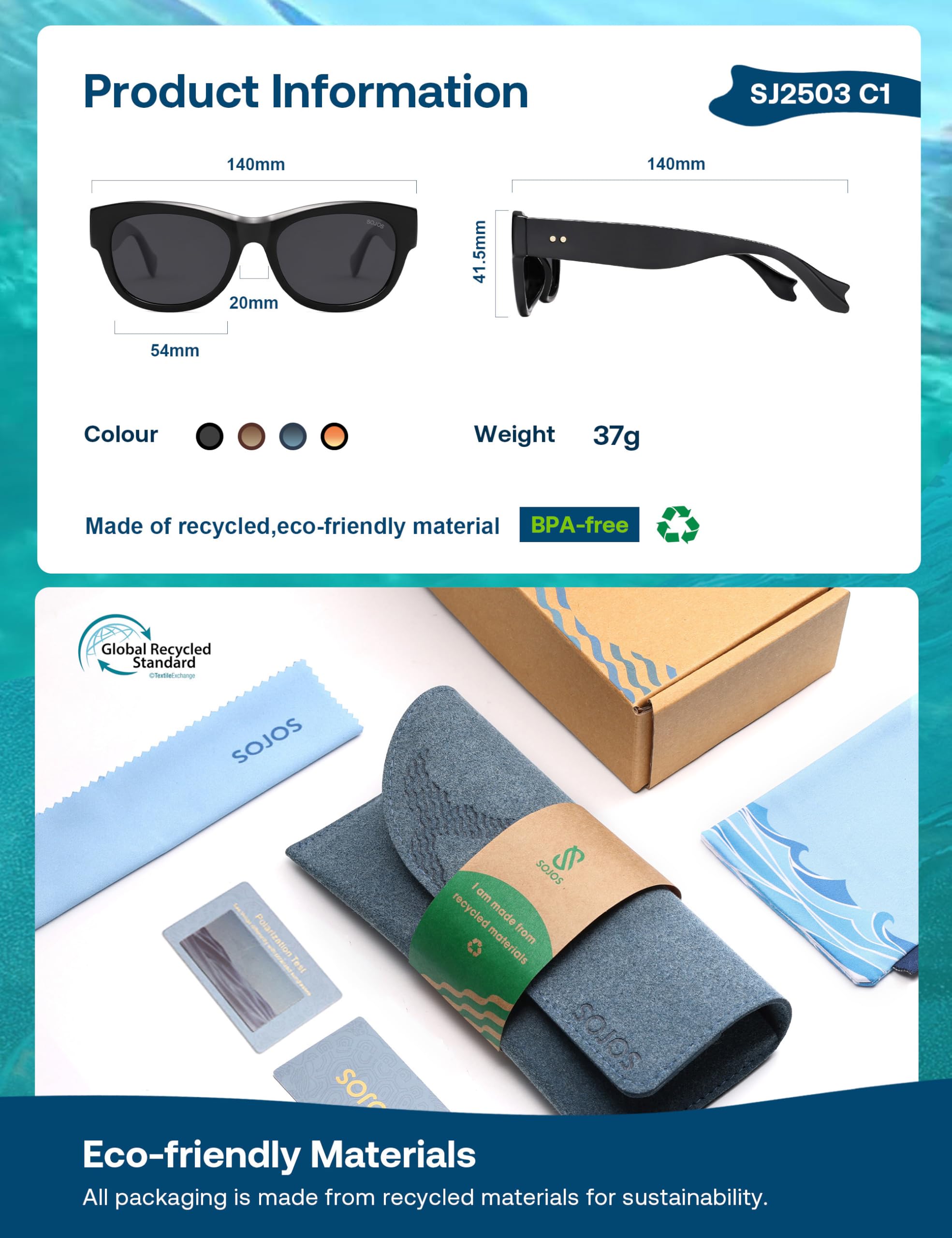 SOJOS Ocean Collection Classic Polarized Square Sunglasses for Women Men Recycled Plastic Frame Eco-Friendly UV400, Bloom - Image 4