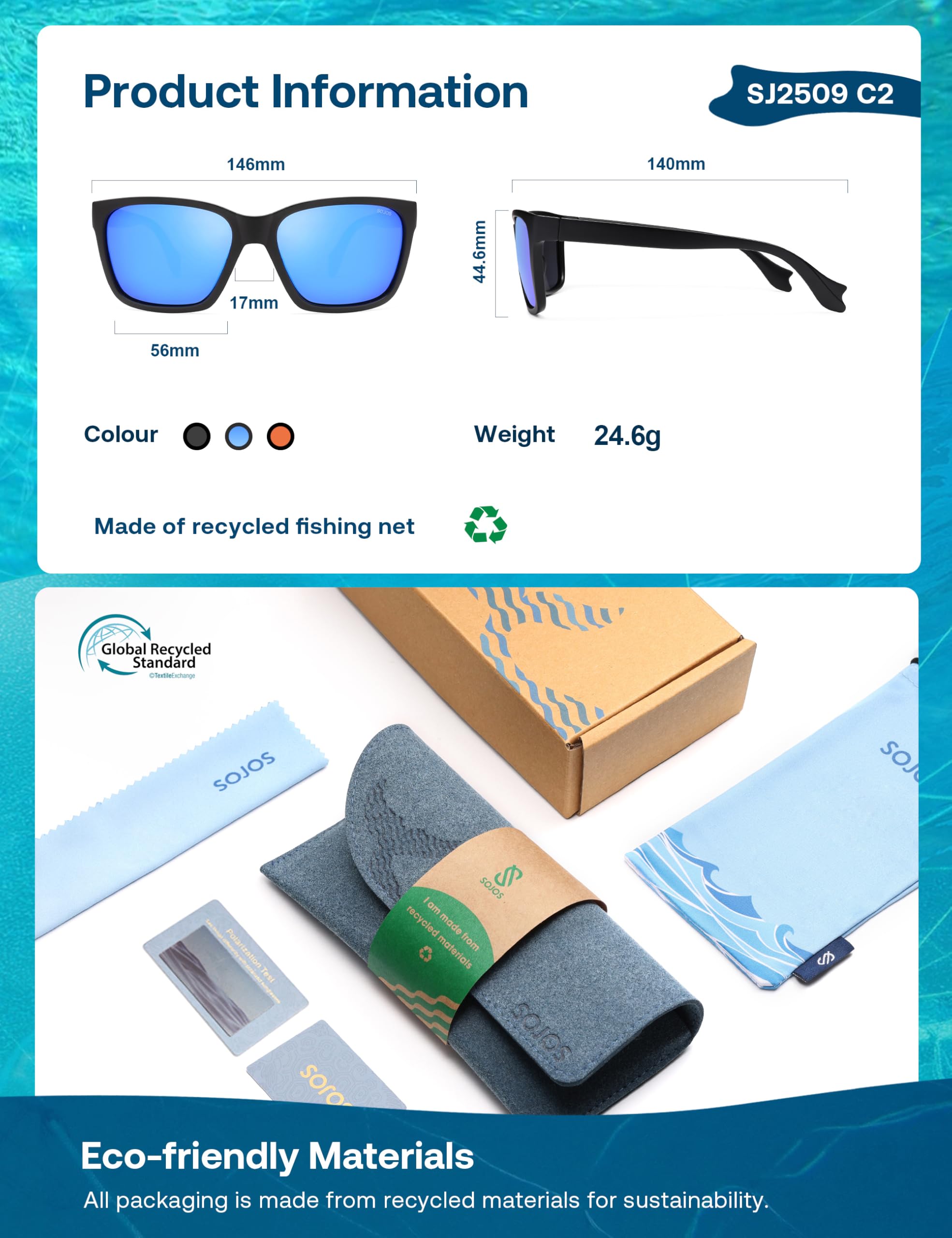 SOJOS Ocean Collection Polarized Sunglasses Men Square Recycled Fishing Net frame Eco-Friendly UV400 Shades, Pacific Ocean - Image 5