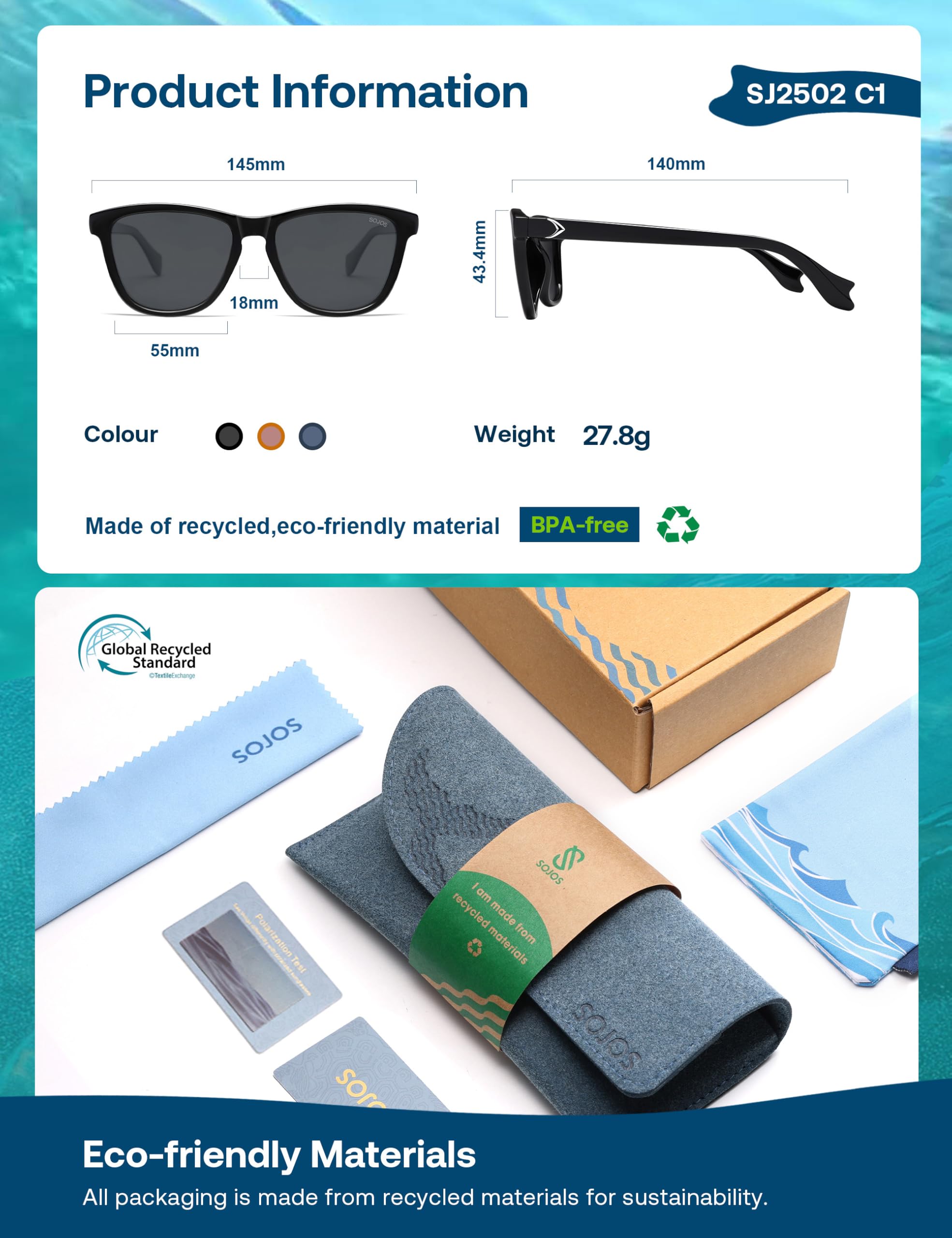 SOJOS Ocean Collection Retro Polarized Large Rectangular Sunglasses Women Men Recycled Plastic Eco-friendly Shades, Baleen - Image 5