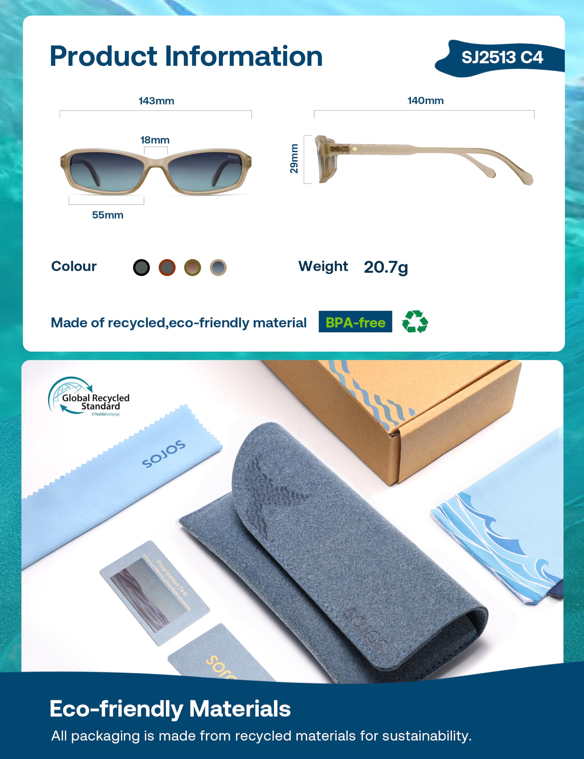 SOJOS Ocean Collection Retro Rectangular Polarized Sunglasses for Women Men Narrow 90s Square Shades, Carapace - Image 4