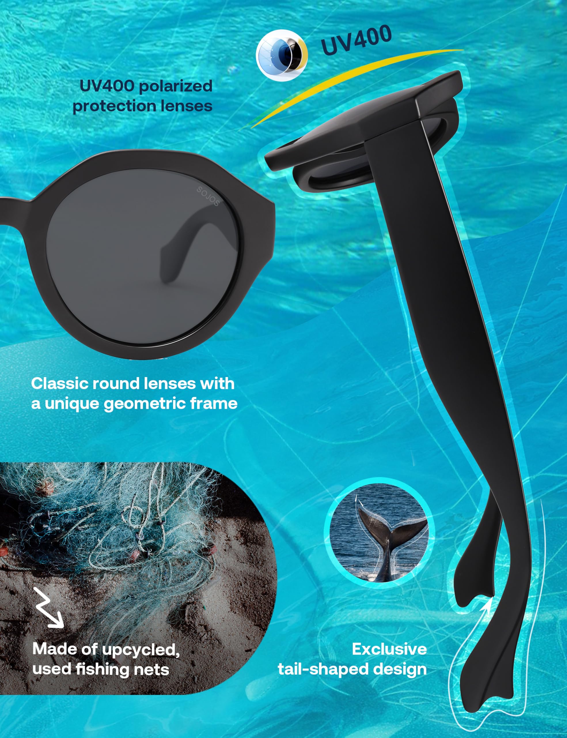 SOJOS Ocean Collection Round Sunglasses Recycled Fishing Net Frame Eco-Friendly UV400 Polarized Lenses, Indian Ocean - Image 4
