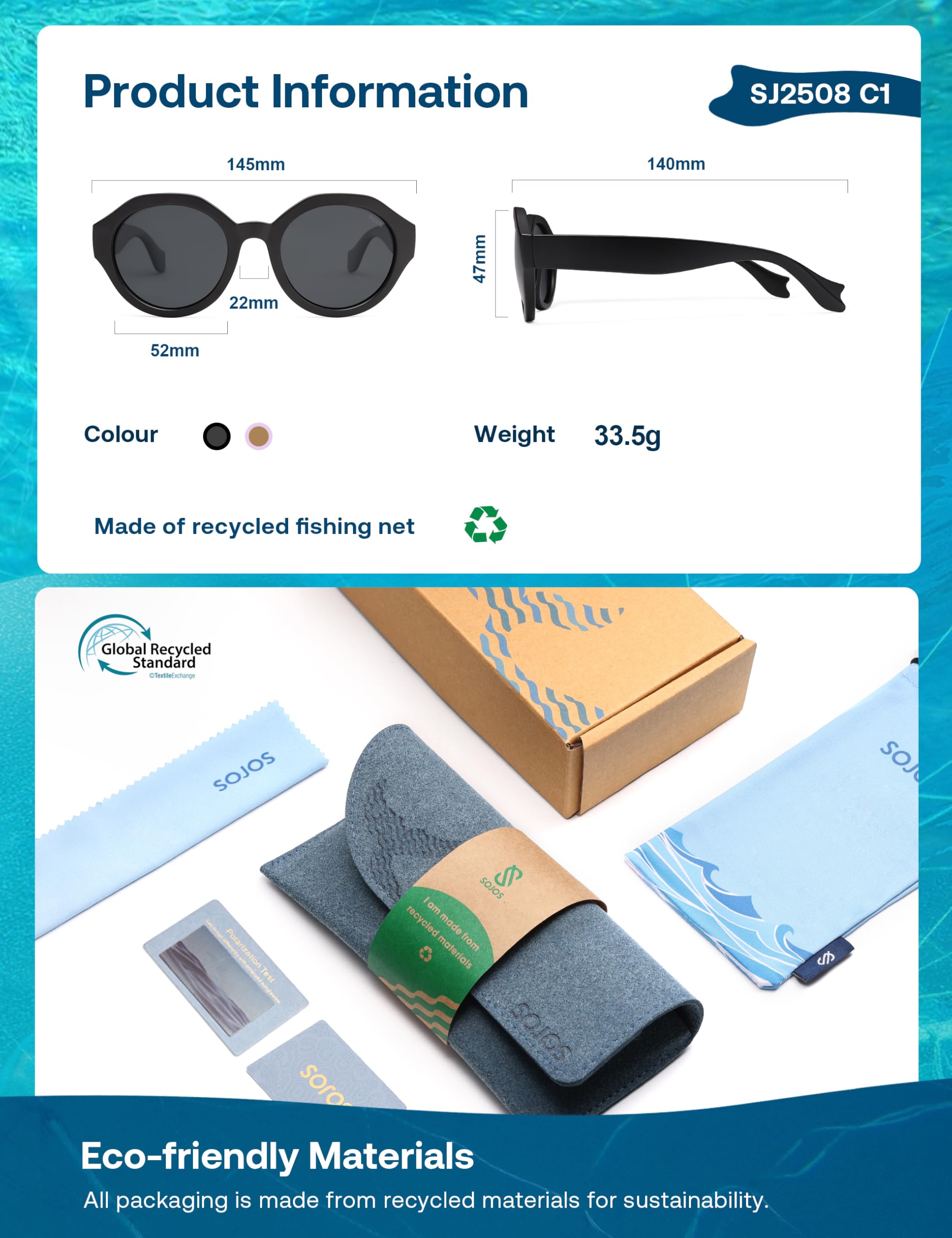 SOJOS Ocean Collection Round Sunglasses Recycled Fishing Net Frame Eco-Friendly UV400 Polarized Lenses, Indian Ocean - Image 5