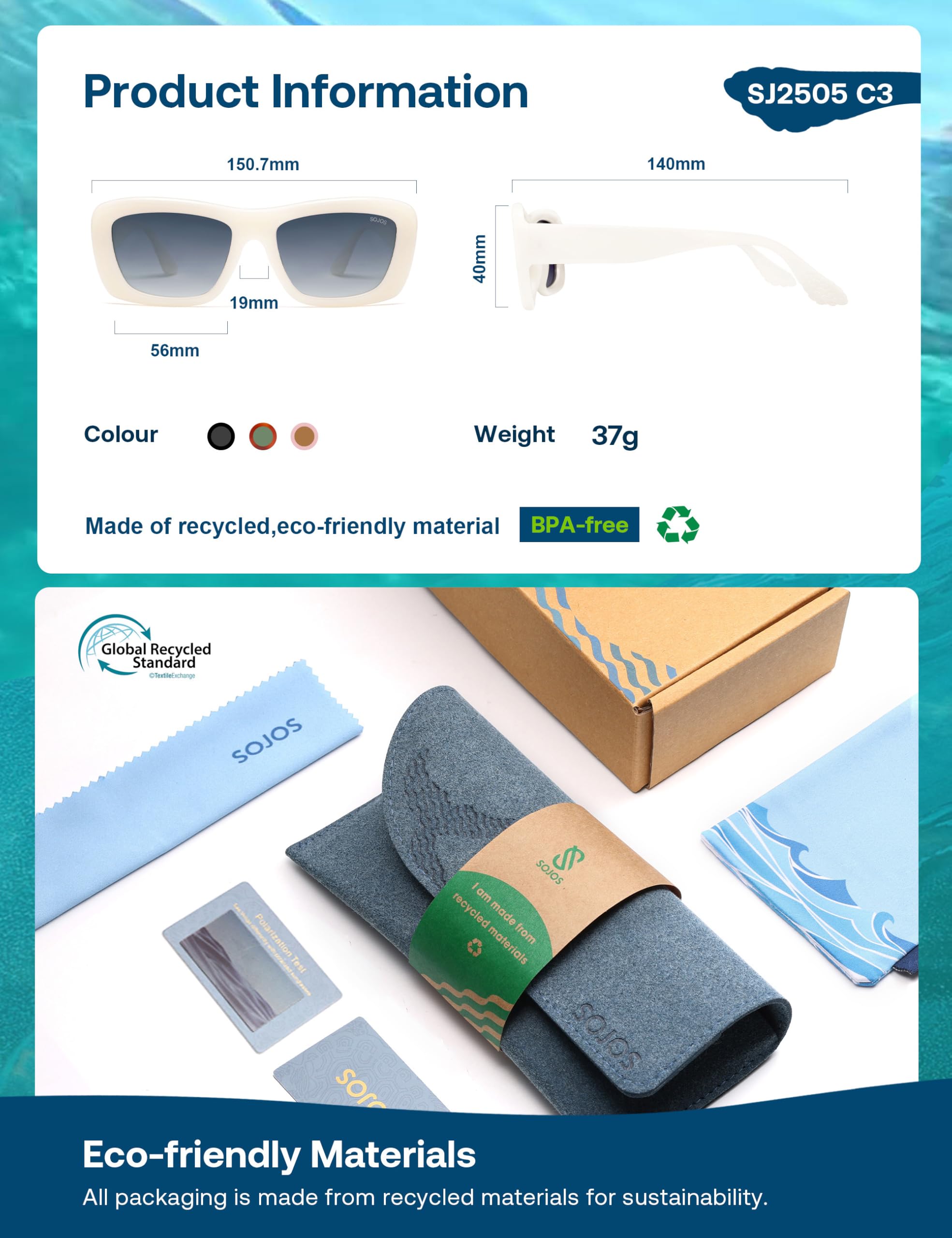 SOJOS Ocean Collection Sunglasses Womens Trendy Polarized Square,Eco-Friendly Recycled Sun Glasses,Rectangle Shades,Moonbeam - Image 5