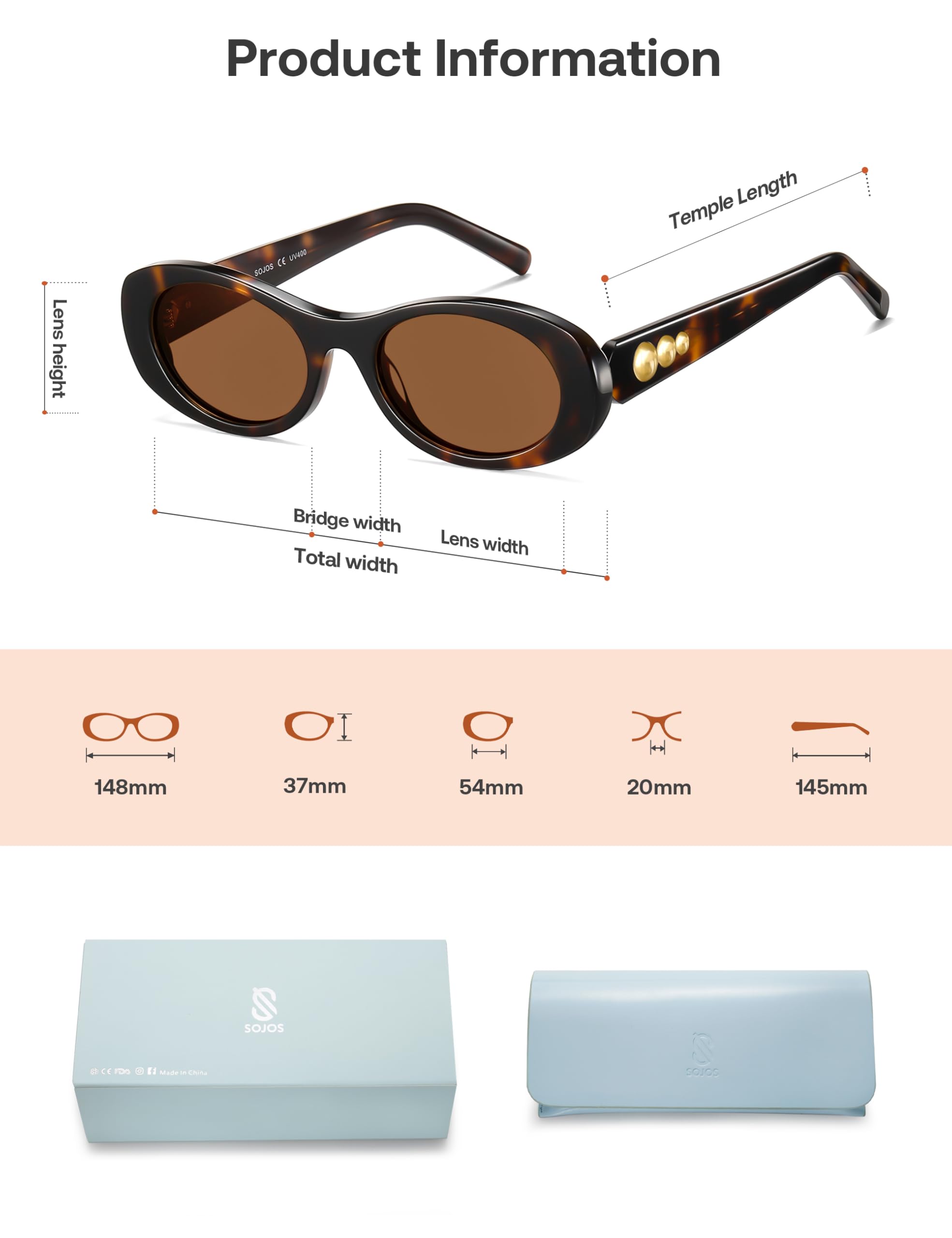 SOJOS Oval Polarized Sunglasses for Women Men Acetate Frame UV Protective Shades SJ3123 - Image 5
