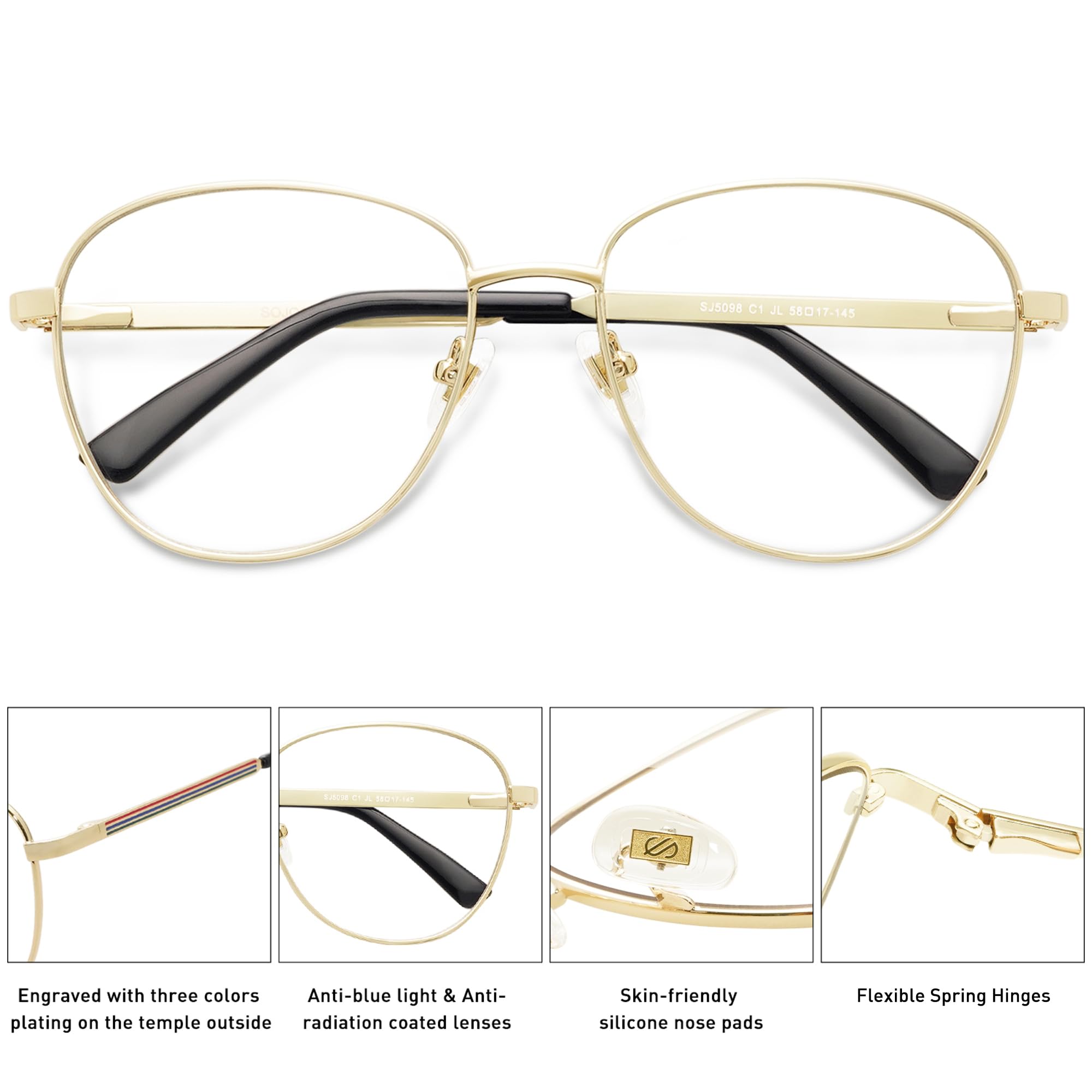 SOJOS Oversized Aviator Blue Light Blocking Glasses for Women Men, Metal Frame Clear Lens Eyeglasses SJ5098 - Image 5