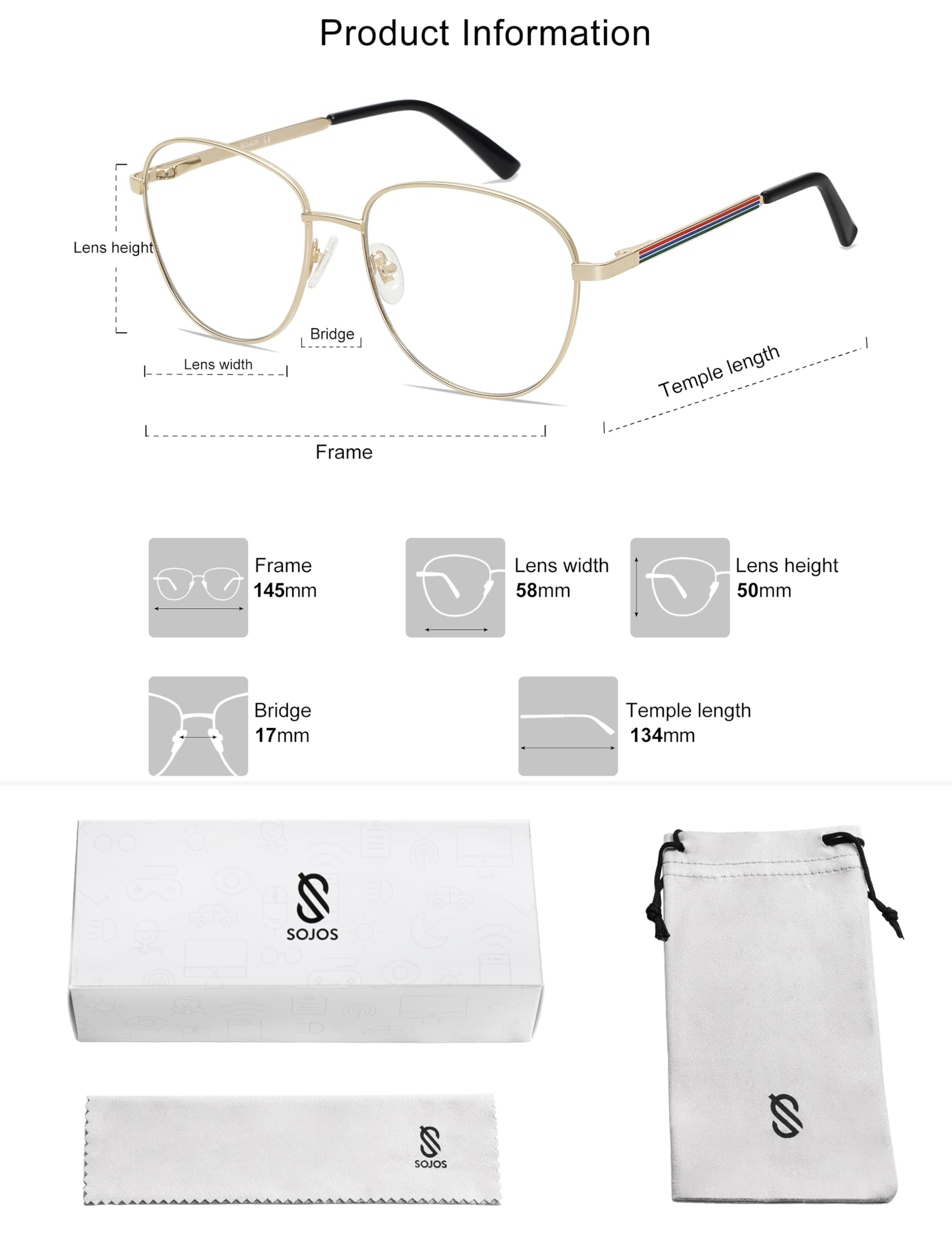 SOJOS Oversized Aviator Blue Light Blocking Glasses for Women Men, Metal Frame Clear Lens Eyeglasses SJ5098 - Image 6