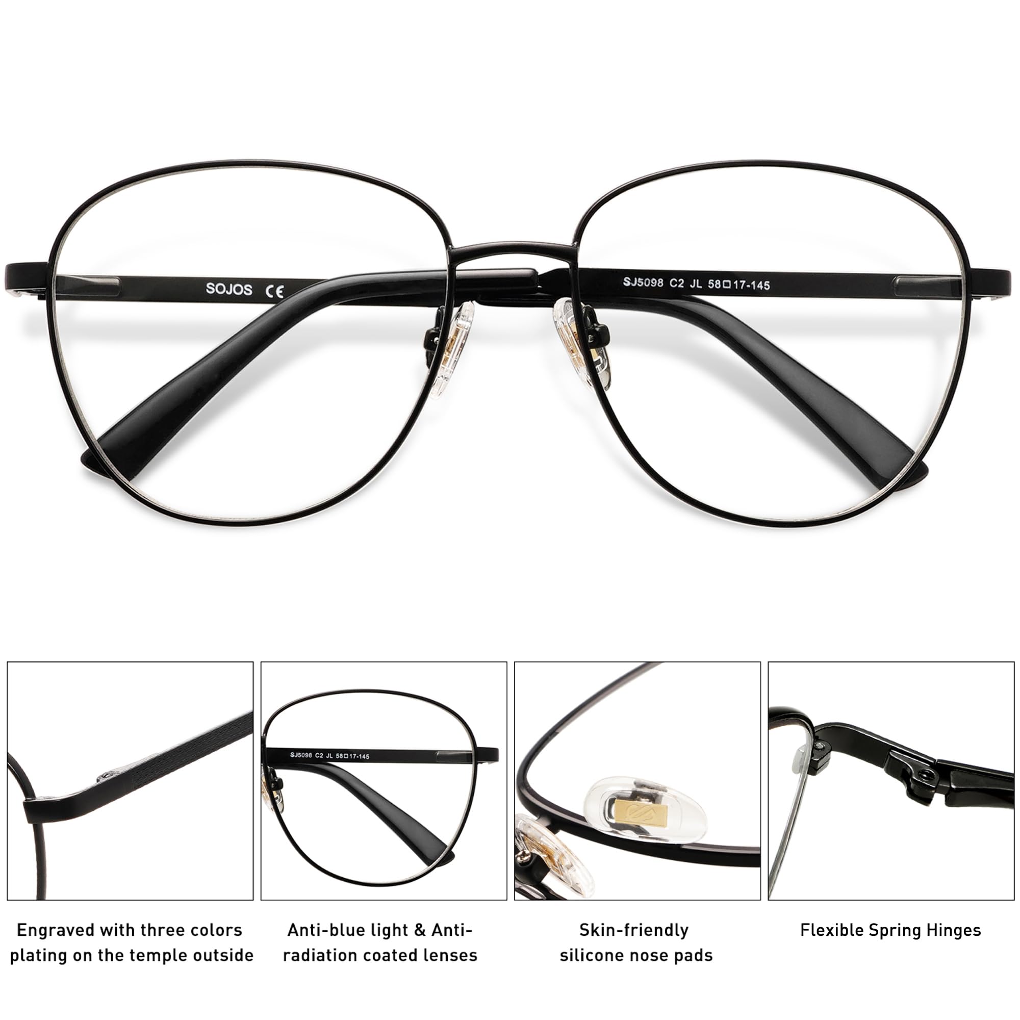 SOJOS Oversized Aviator Blue Light Blocking Glasses for Women Men, Metal Frame Clear Lens Eyeglasses SJ5098 - Image 5