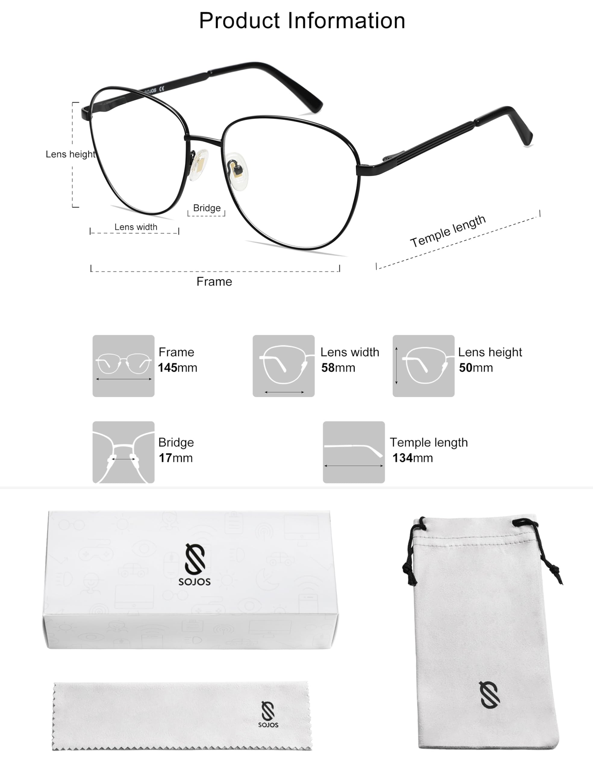 SOJOS Oversized Aviator Blue Light Blocking Glasses for Women Men, Metal Frame Clear Lens Eyeglasses SJ5098 - Image 6