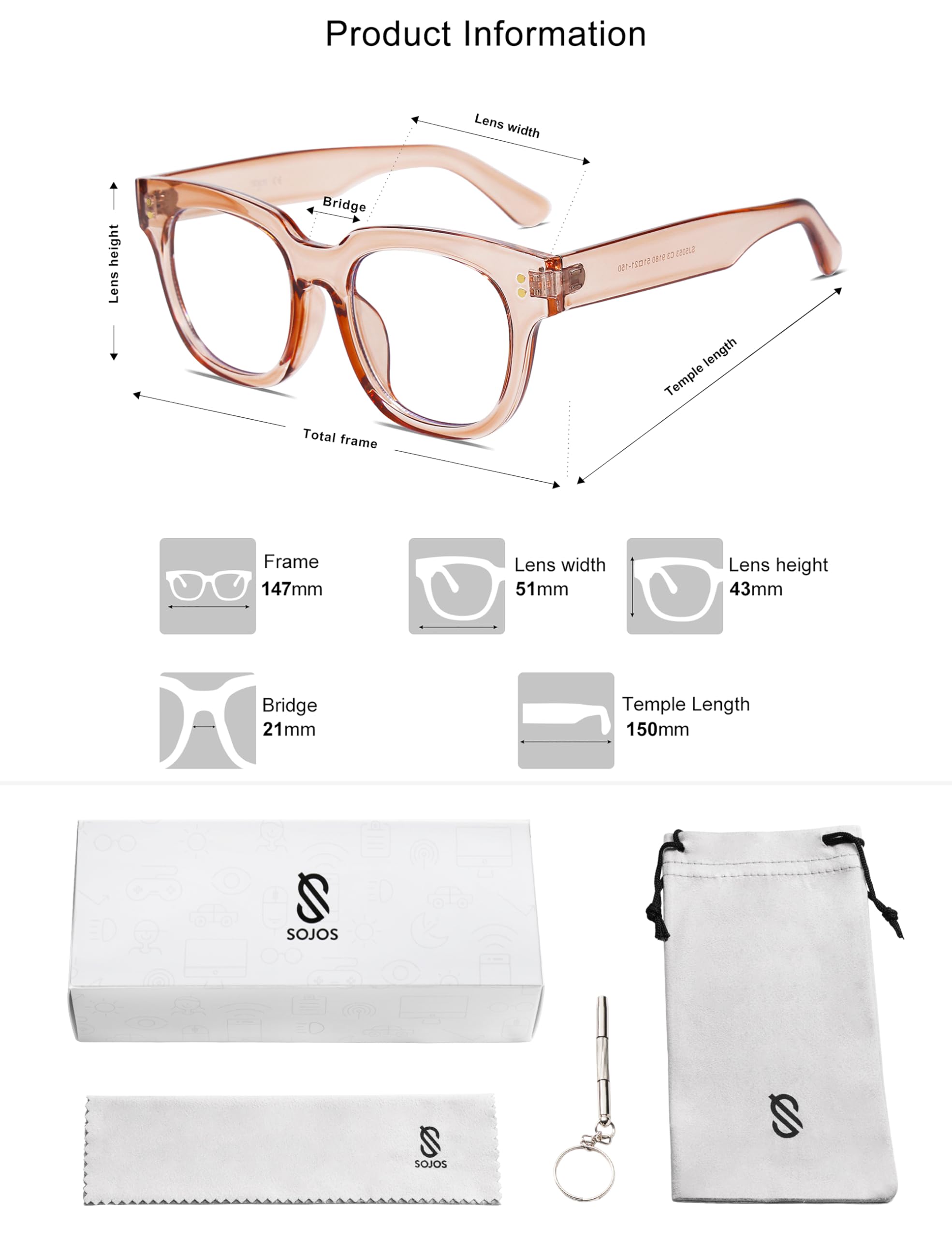 SOJOS Oversized Square Anti Blue Light Blocking Glasses for Women Thick Computer Eyeglasses Double Metal Studs SJ5053B - Image 6