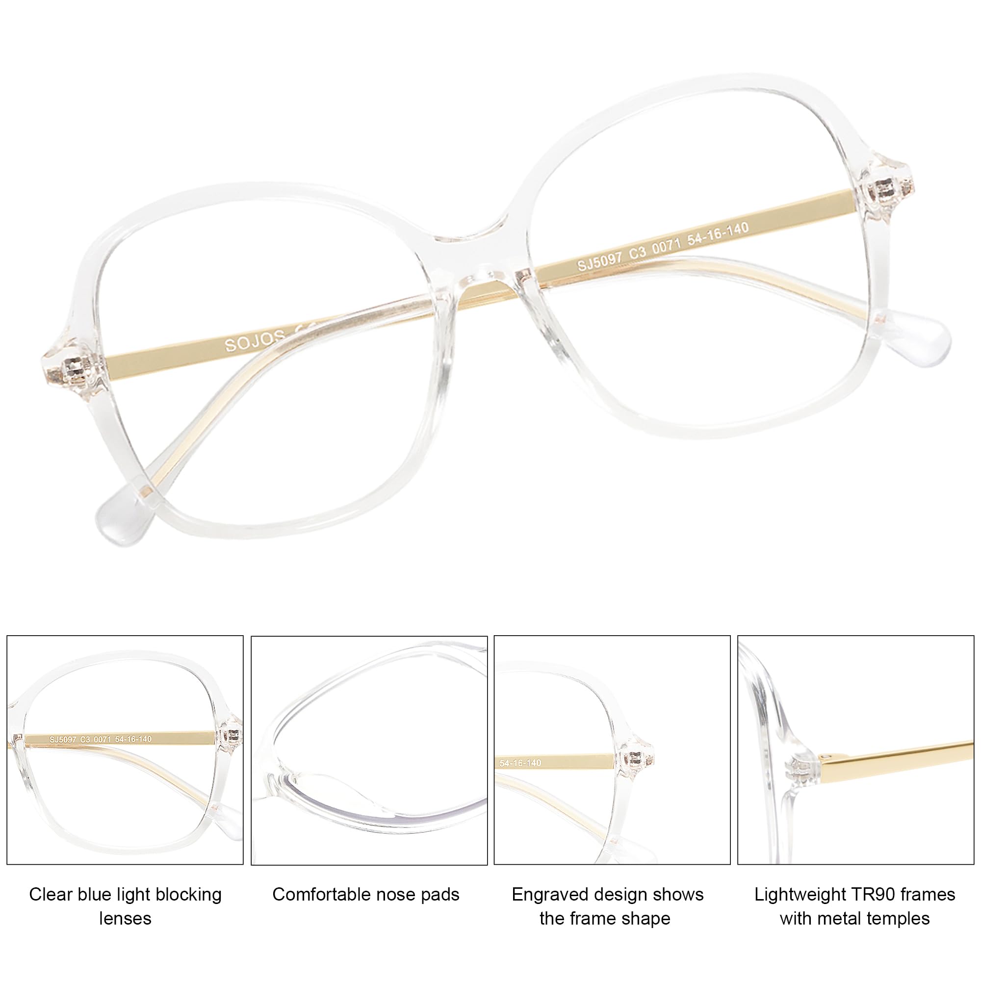 SOJOS Oversized Square Blue Light Blocking Glasses for Woman Big Frame TR90 Clear Lens Eyeglasses SJ5097 - Image 5