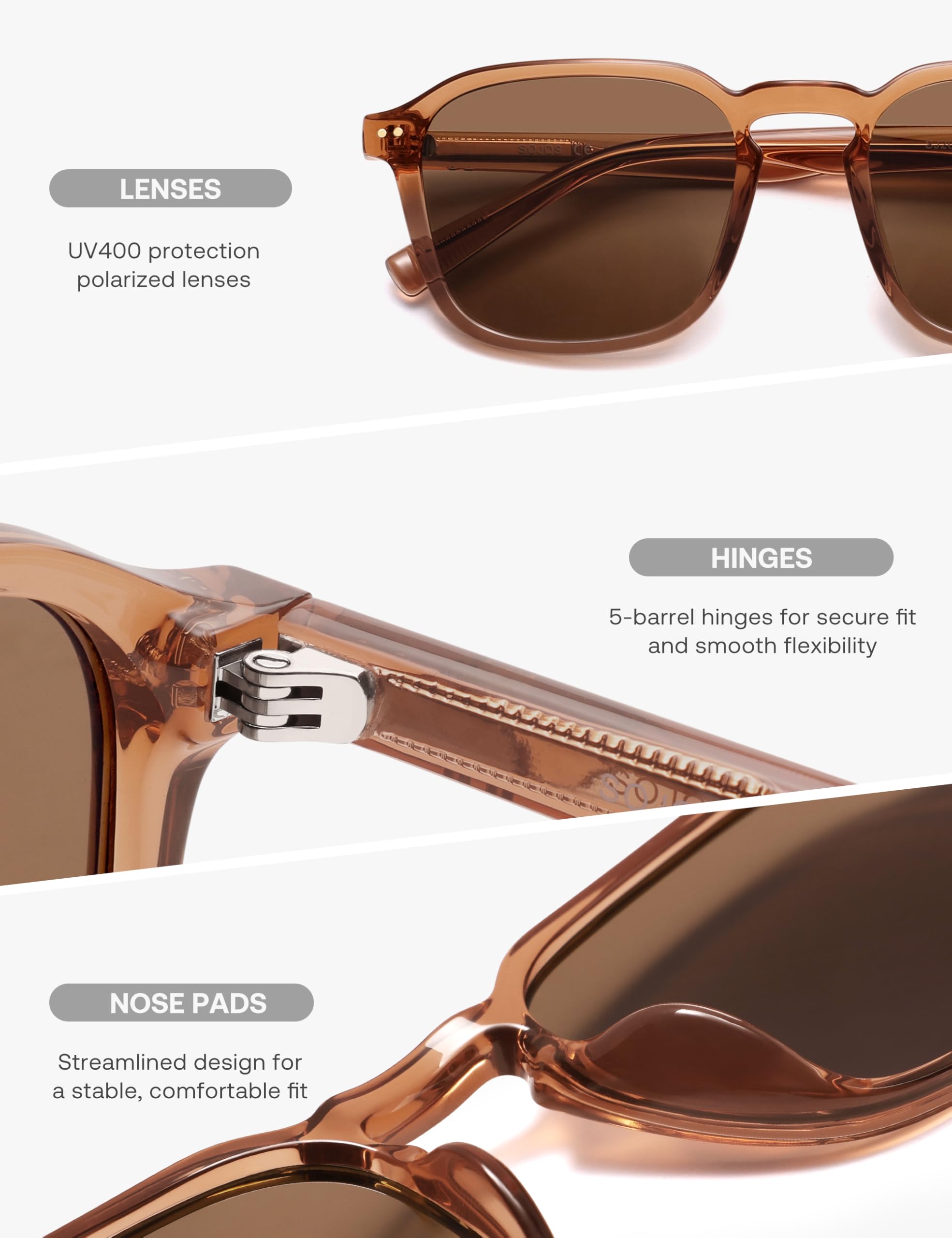 SOJOS Polarized Square Sunglasses for Men Retro Sun Glasses Trendy Shades UV400 Protection TR90 Frame SJ2652B - Image 4