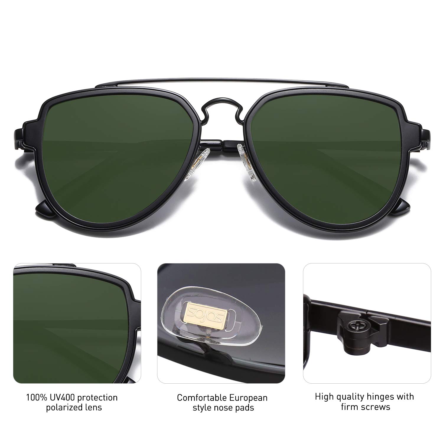 SOJOS Retro Aviator Polarized Double Bridge Sunglasses for Men Women Mirrored Lens SJ1051 - Image 3