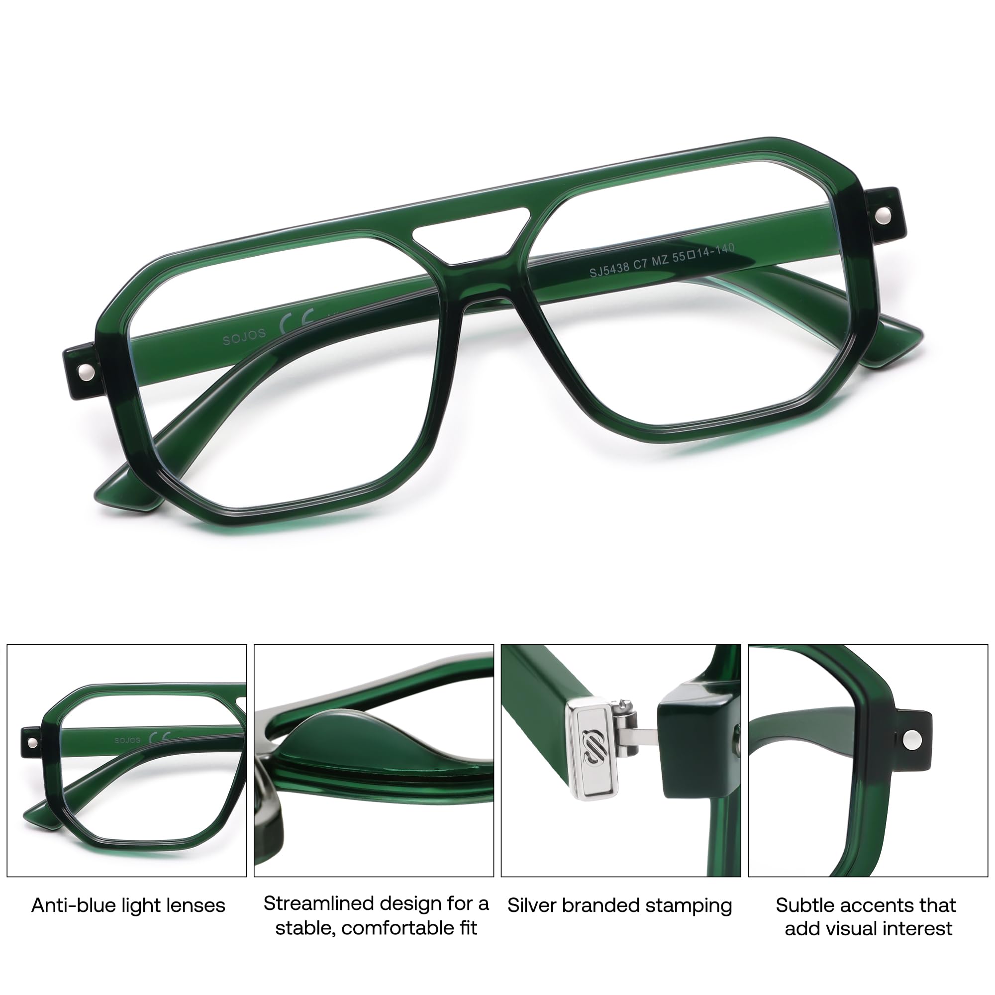 SOJOS Retro Aviator Square Blue Light Blocking Glasses for Women Men,Trendy Computer Frame Eyewear SJ5438 - Image 4