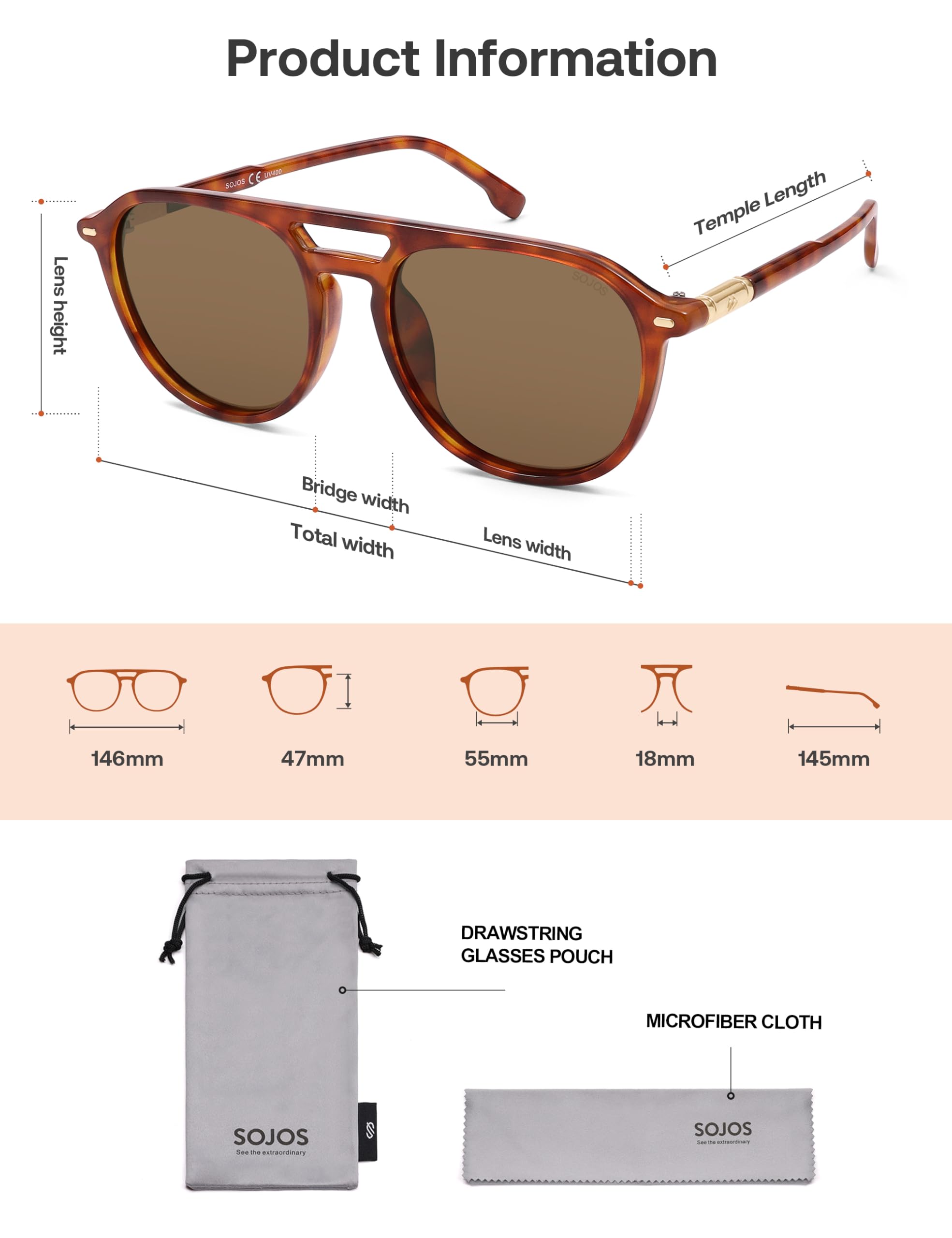 SOJOS Retro Polarized Aviator Sunglasses for Women Men,Trendy Square Shades UV400 Protection SJ2605 - Image 5