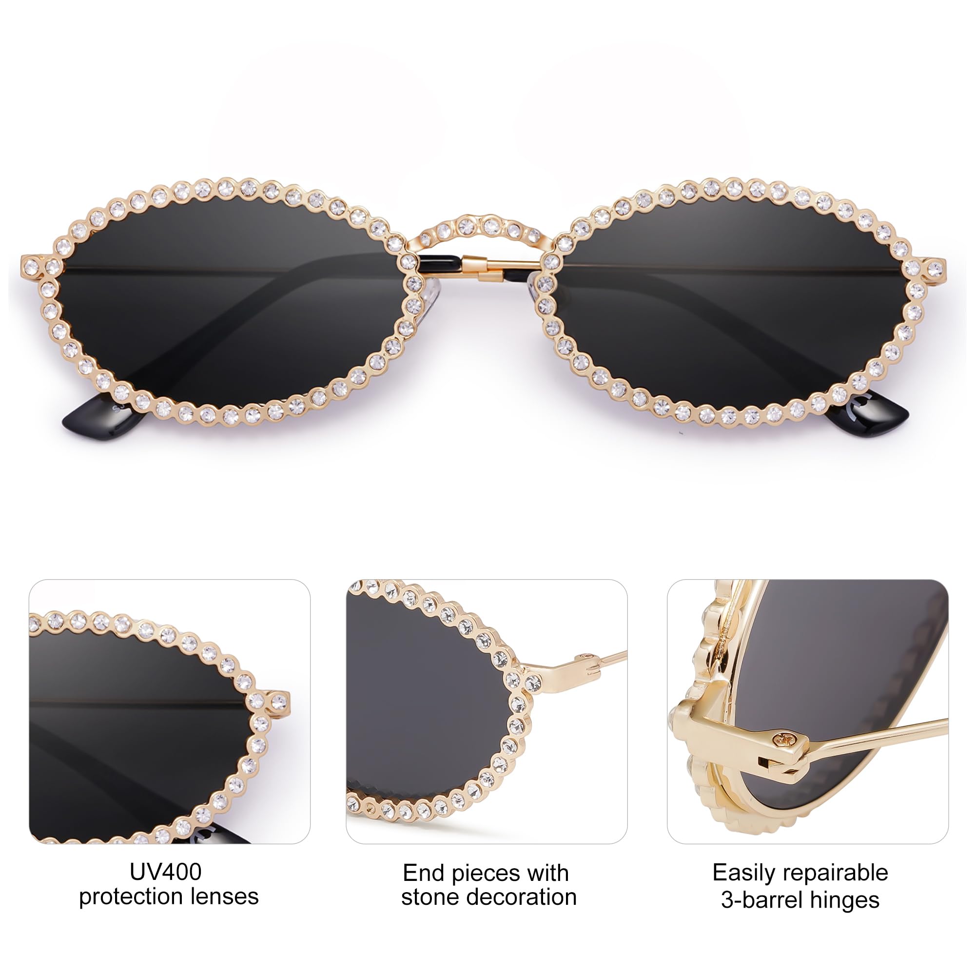 SOJOS Retro Skinny Oval Rhinestone Sunglasses for Women 90s Styles Bling Hippie Disco Trendy Sun Glasses Small Face SJ1205 - Image 4