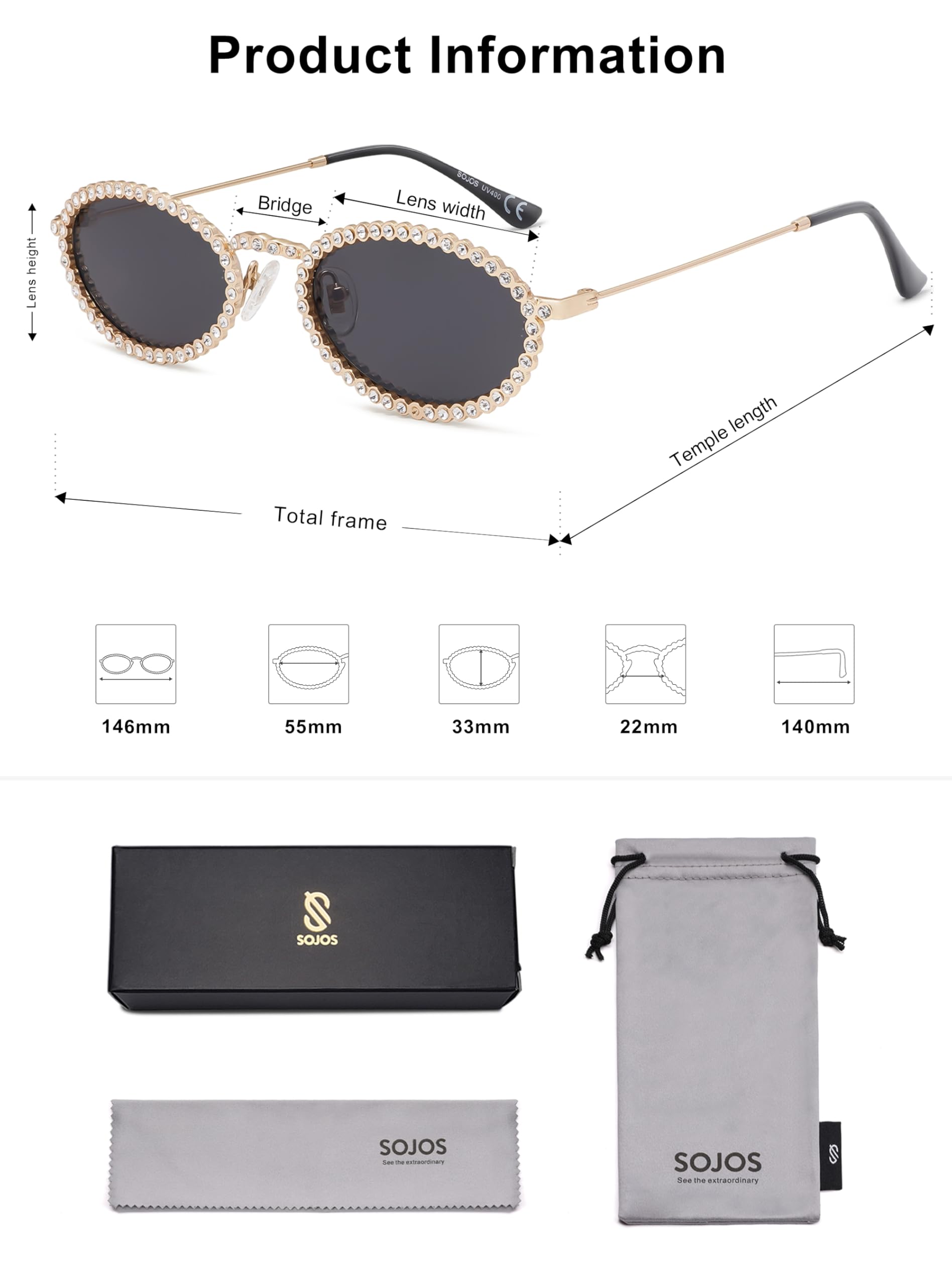 SOJOS Retro Skinny Oval Rhinestone Sunglasses for Women 90s Styles Bling Hippie Disco Trendy Sun Glasses Small Face SJ1205 - Image 5