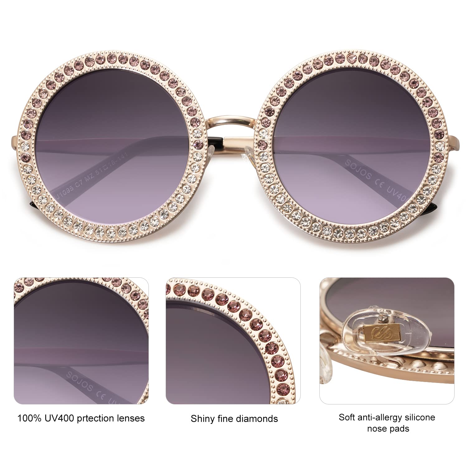 SOJOS Shining Oversized Round Rhinestone Sunglasses Festival Gem Sunnies SJ1095 - Image 4