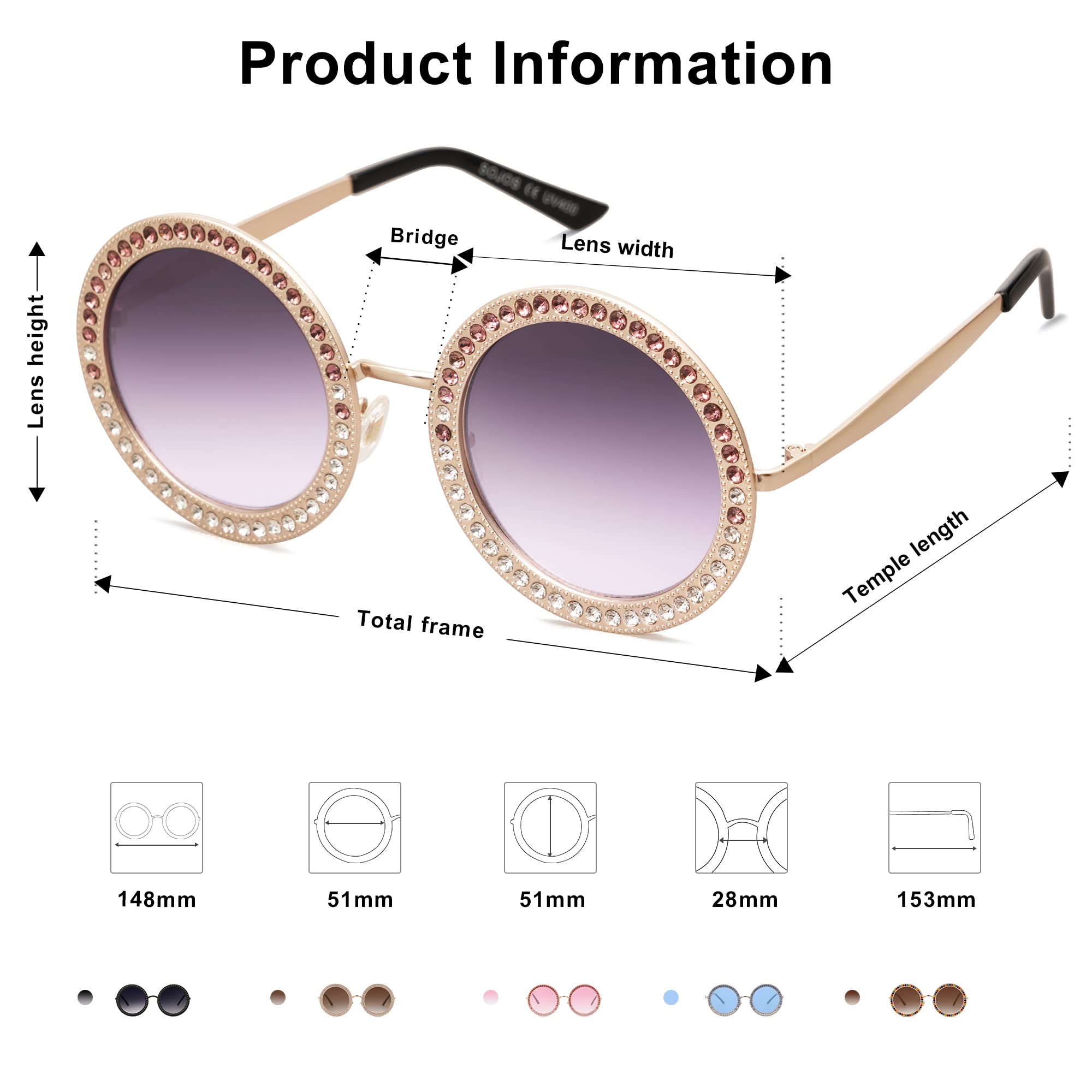SOJOS Shining Oversized Round Rhinestone Sunglasses Festival Gem Sunnies SJ1095 - Image 5