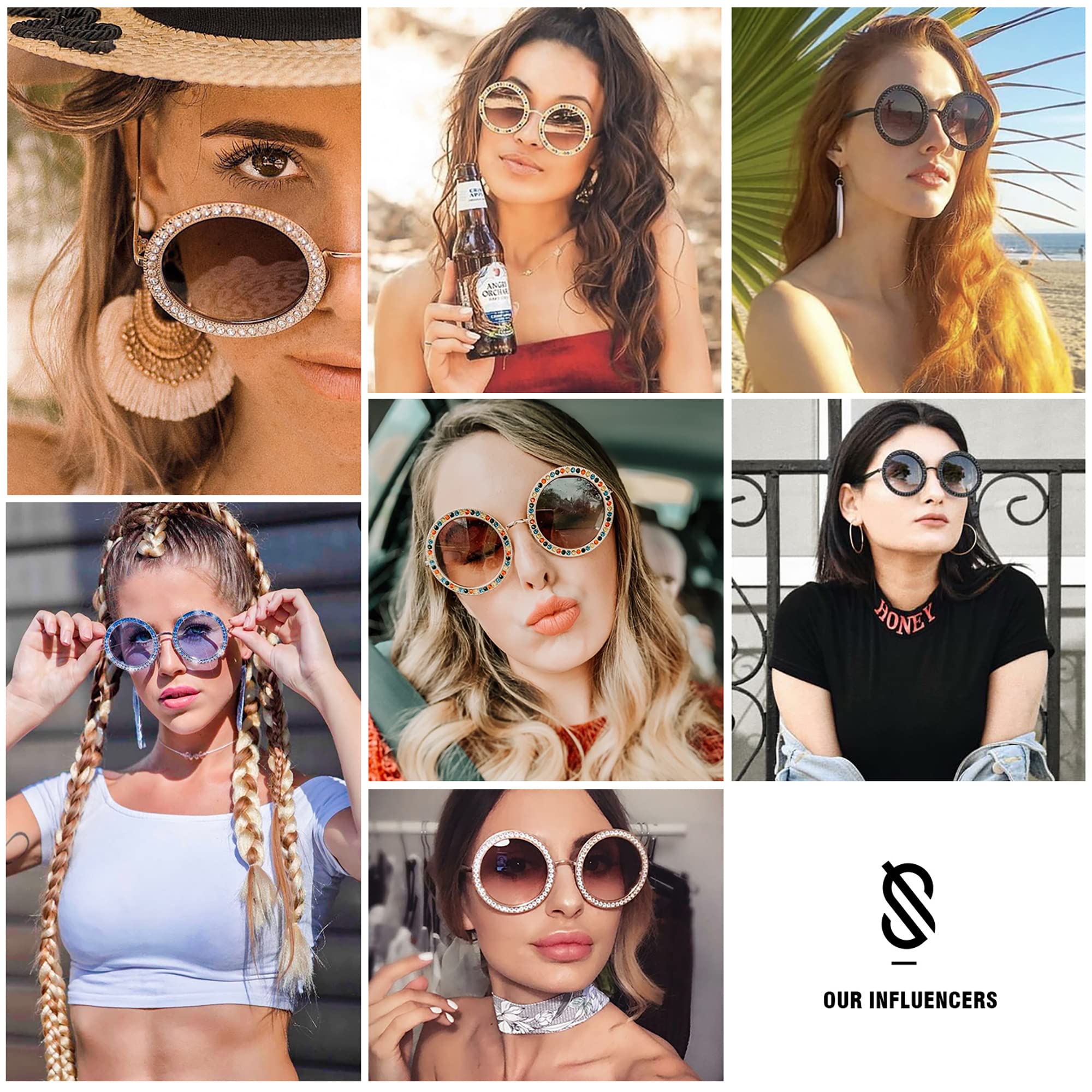 SOJOS Shining Oversized Round Rhinestone Sunglasses Festival Gem Sunnies SJ1095 - Image 3
