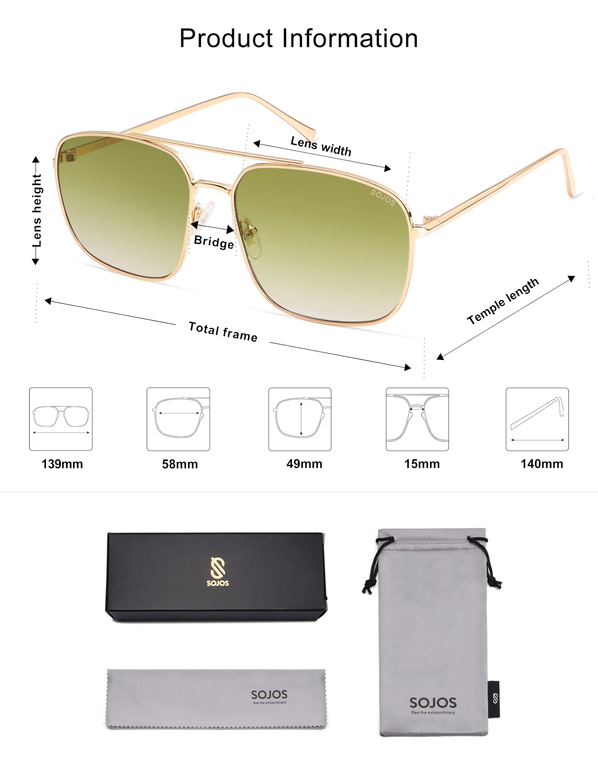 SOJOS Trendy Square Aviator Sunglasses for Women Men, Gold Frame Light Tint Gradient Shades SJ1176 - Image 5