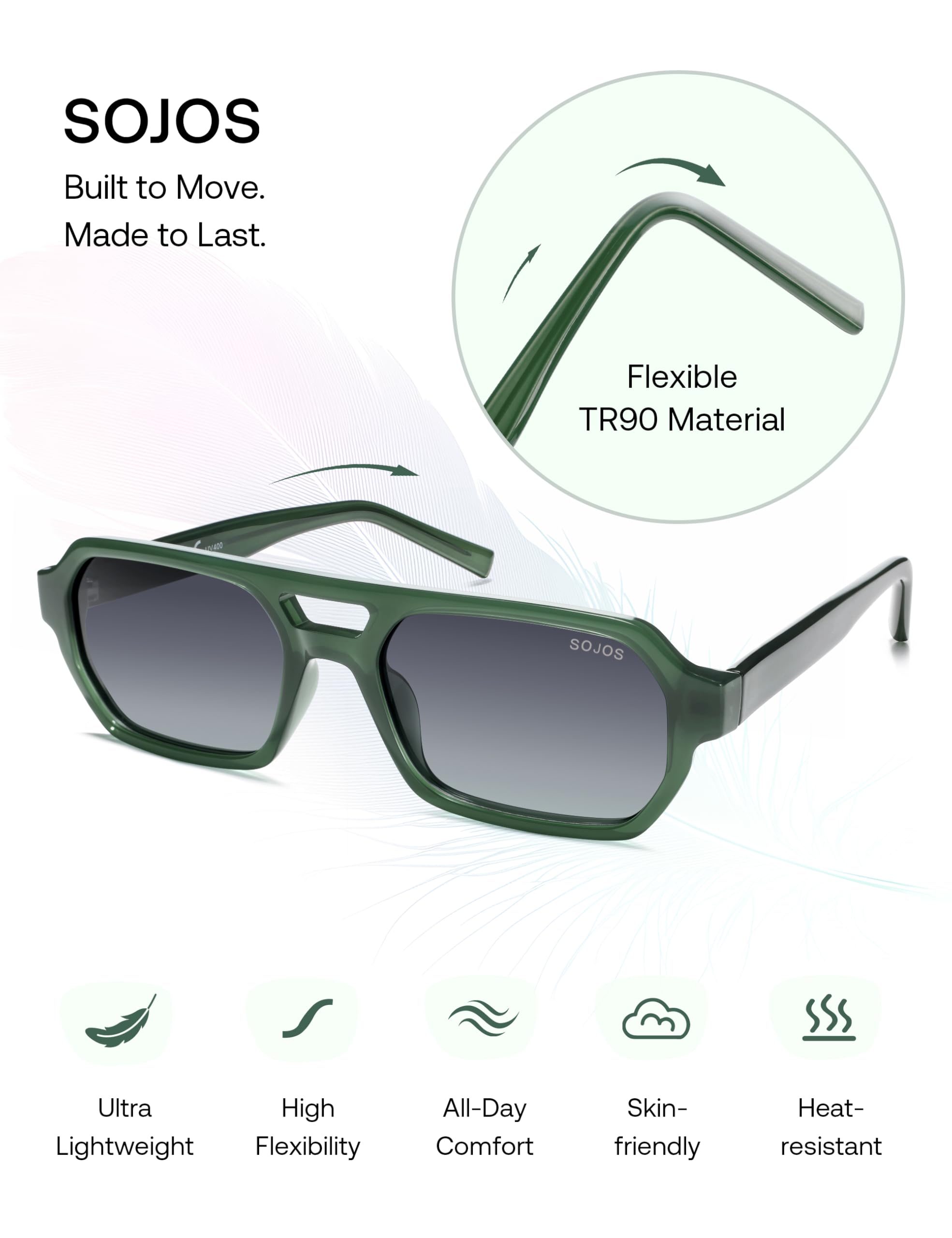 SOJOS Trendy TR90 Polarized Aviator Sunglasses for Women Men,Retro Rectangle Shades Sun Glasses SJ2683 - Image 7