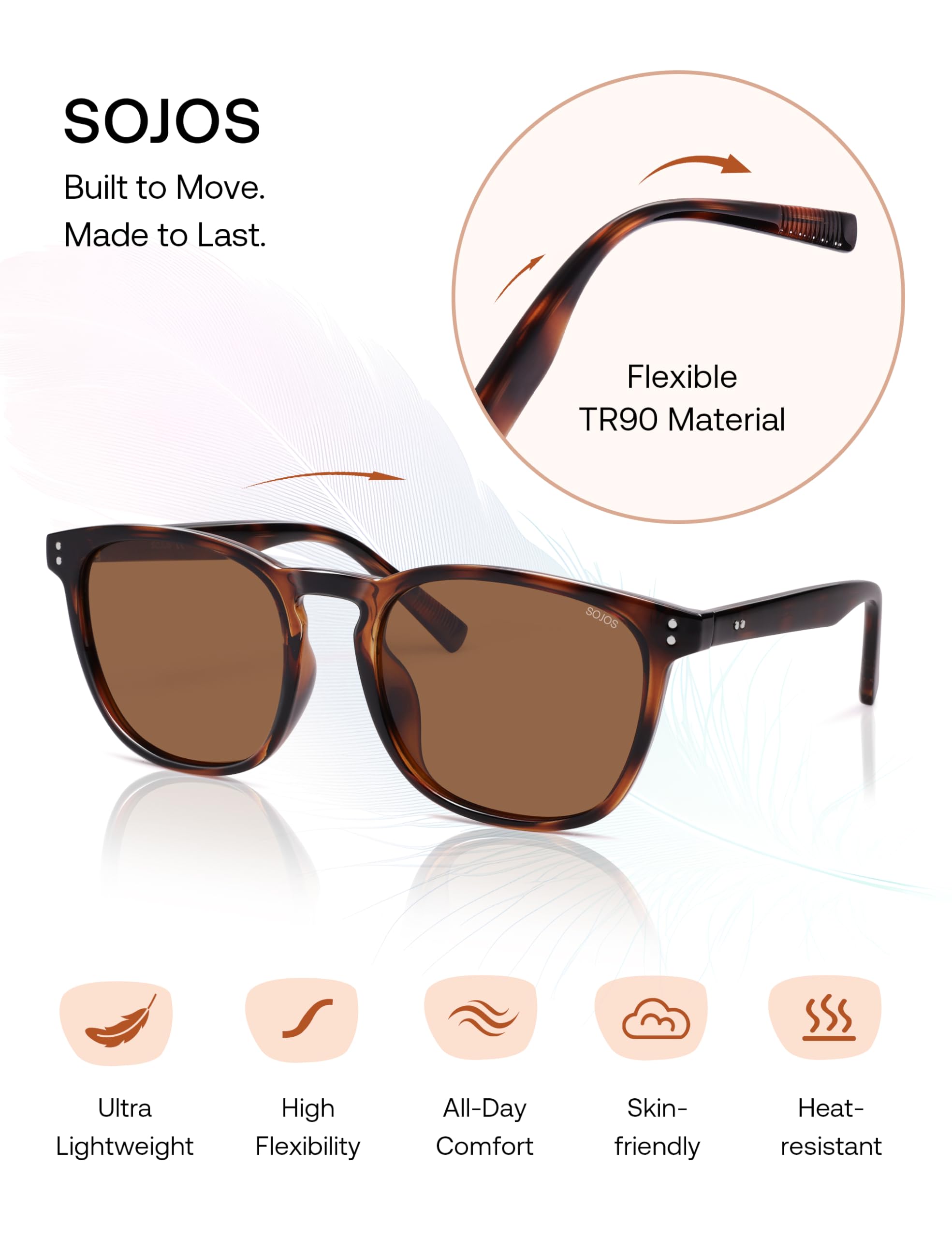 SOJOS Unisex Rounded Square Polarized Sunglasses TR90 Frame UV400 Protection Lightweight Retro for Women & Men - Image 4