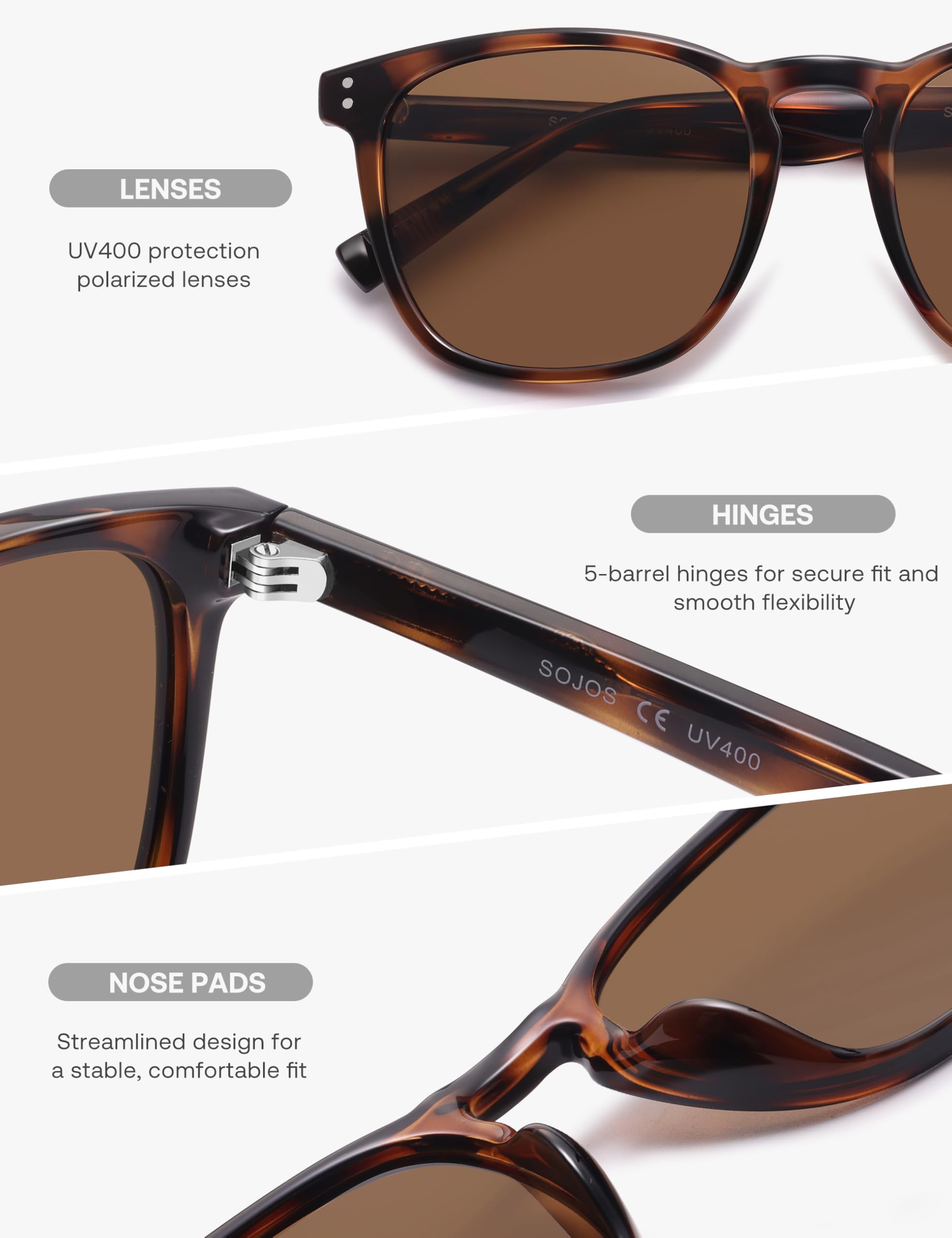SOJOS Unisex Rounded Square Polarized Sunglasses TR90 Frame UV400 Protection Lightweight Retro for Women & Men - Image 6